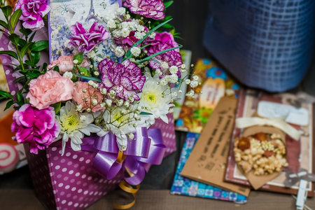 Type and sample of a gift picture, a blank for a calendar, a birthday, a holiday, flowers with postcards.の写真素材