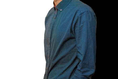 Men's business style clothing skinny guy fashion in blue shirt on black white gradient background.の写真素材