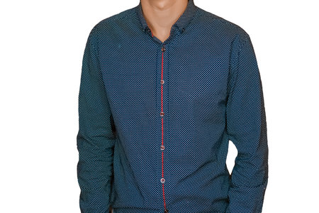 Men's business style clothing skinny guy fashion in blue shirt on white isolated background.の写真素材