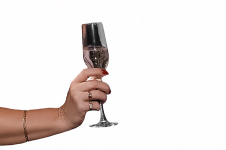 Hand of an adult woman with jewelry and rings holding a glass of sparkling drink on a white background isolated.の写真素材
