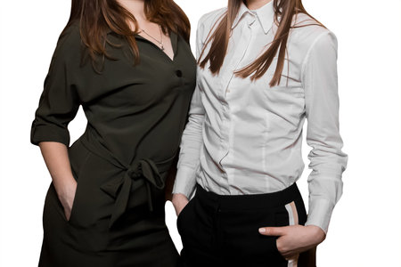 Two girls fashion figure and clothing style in dark dress and white shirt on isolated background.