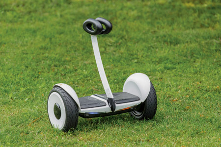 Hoverboard object is a street modern electric vehicle against the background of grass in the park.