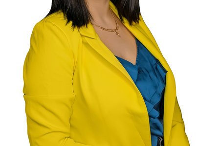 Person in blue clothes and bright yellow jacket women's fashion and style on white background isolated.の写真素材