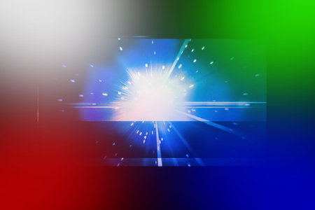 Bright white glare light spot at the end of the tunnel in darkness black colorful background.