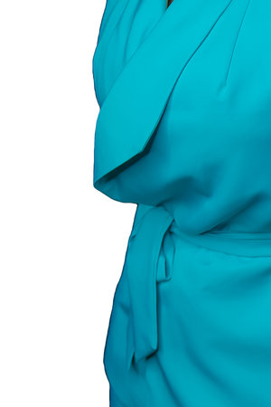 Girl in blue fashionable stylish jumpsuit, suit, clothes part detail shape white isolated background.の写真素材