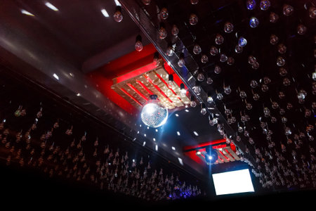 Interior, ceiling, nightclub and nightlife atmosphere, disco, shiny glare ball and white blank...