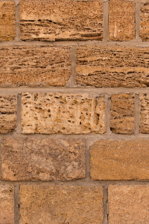 Brown brick wall brickwork masonry blocks limestone shell natural surface facade house background.
