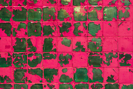 Pink Old Peeling Cracked Paint With Green Surface Mosaic Glass Texture Background Pattern Abstract.の写真素材