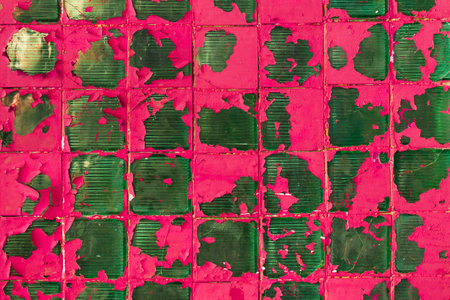 Old peeling cracked pink color paint with green surface glass texture mosaic background vintage.の写真素材