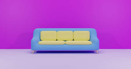 3D Rendering Sofa Blue Yellow Combination with Purple Backgroundの写真素材