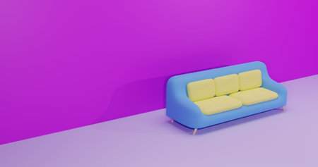 3D Rendering Sofa Blue Yellow Combination with Purple Backgroundの写真素材