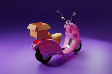 3D Rendering pink motor scooter with box in purple background for delivery orderの写真素材