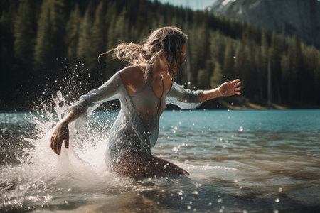 Young woman splashing water on the shore of a mountain lake.の素材