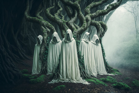 Scary dark forest with scary trees and white ghosts. Halloween conceptの素材