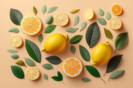 Creative layout made of lemons and leaves on color background. Flat lay, top viewの素材