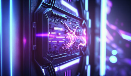 Futuristic interface with glowing neon lights. 3D Renderingの素材