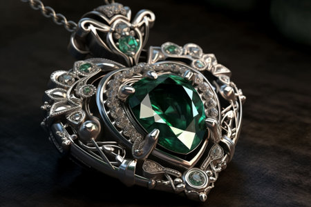 jewelry pendant with green emerald on a black backgroundの素材