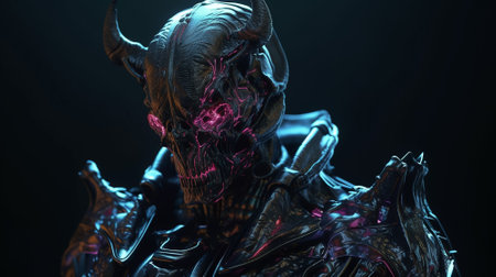 Cyborg with glowing horns and armor. 3d rendering. Computer digital drawing.の素材
