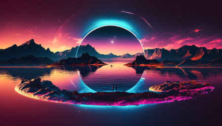 Fantasy alien planet. Mountain and lake. 3D illustration.の素材