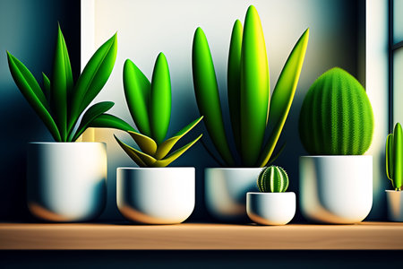 Cactuses and potted plants on a shelf. Vector illustration.の素材