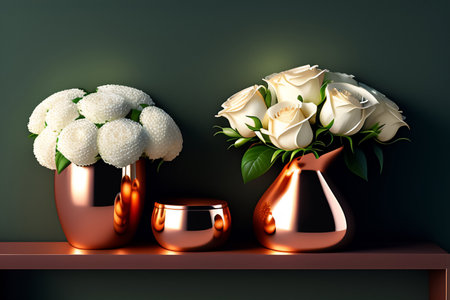 3d render of white roses in copper vases on the shelfの素材