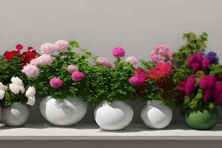 3d render of beautiful flowers in vases on the shelf.の素材