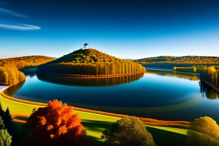 Beautiful autumn landscape with a lake and a church on the hillの素材