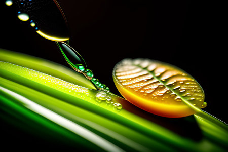 Macro shot of a drop of water on a green leaf.の素材