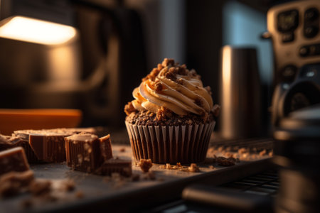 Delicious cupcake with cream and caramel on a black background.の素材