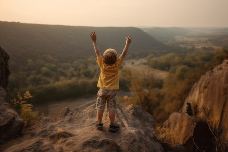 Back view of a little boy in a yellow T-shirt standing on the edge of a cliff and raising his hands up.の素材