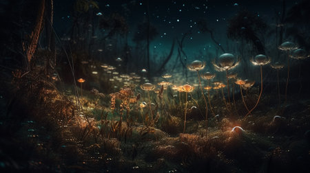 Fantasy landscape with grass and water drops.の素材