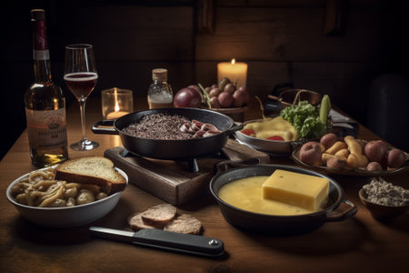 Traditional spanish tapas served on wooden table with wine, cheese and breadの素材