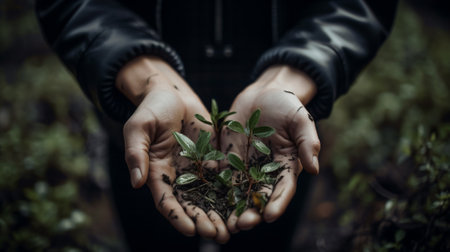 Young woman holding a small plant in her hands. Selective focus.の素材