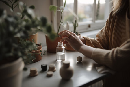 Female hands holding a bottle of perfume on the table near the windowの素材