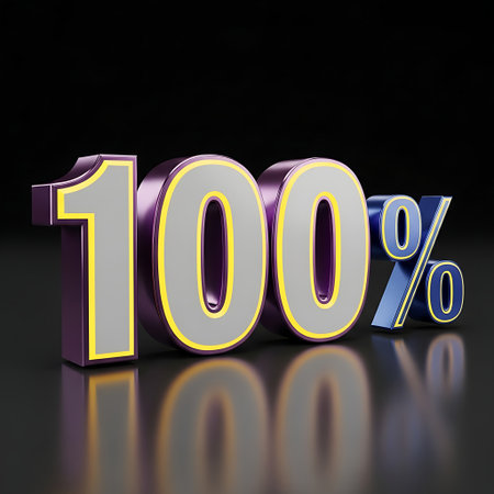 A 3D rendering of the number 100 followed by a percent sign, with metallic purple, blue, and yellow colors, set against a black background.の素材