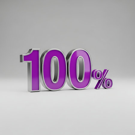 A 3D rendering of the number 100 with a percent sign in purple and silver metallic colors, glossy and reflective surfaceの素材