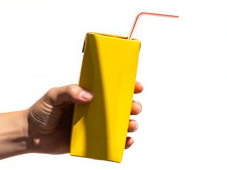 The image depicts a hand holding a bright yellow juice box with a red straw sticking out of it. The background is transparent, making the focus solely on the hand and the juice box. This image is ideal for use in graphic design and digital media projects.の素材