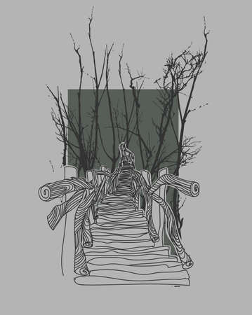 Wooden bridge in the jungle illustrationのイラスト素材