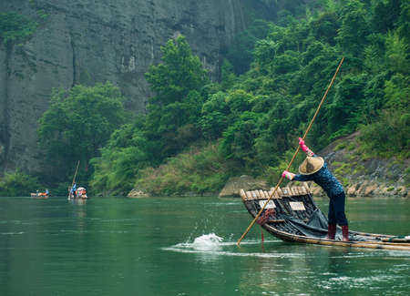 bamboo raft in a mountain river in Wuyishan, Chinaの写真素材