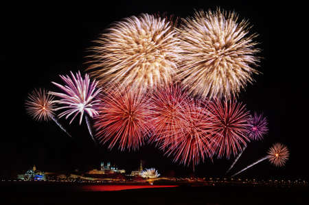 fireworks over Kazanka river and Kazan Kremlin on Republic day, Kazan, Russiaの写真素材