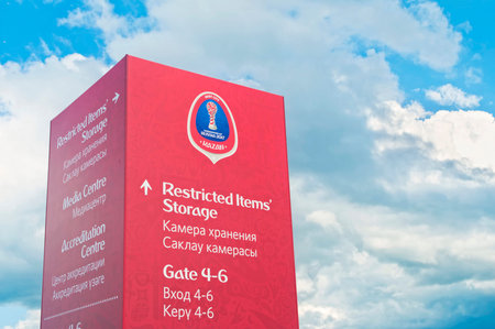 KAZAN, RUSSIA - 18 June, 2017: restricted items storage sign at Kazan Arena stadium during FIFA...