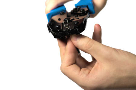 Engeneer hands fixing clemma with wireの写真素材