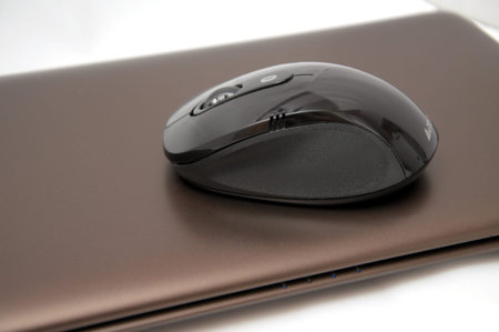 Bluetooth black mouse on the chocolate laptop