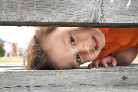 boy playing game "hide and seek" and looking over wooden boardsの写真素材