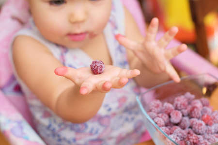 Frozen raspberry on the baby hands open palmの写真素材