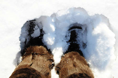 Winter boots with natural fur in deep snowの写真素材
