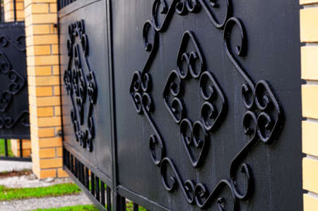 Decorative forged black iron gate with twisted metal linesの写真素材
