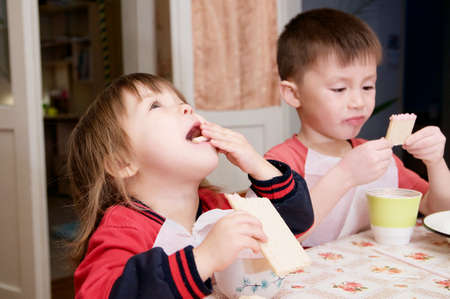 children eating lunch at home, healthy food concept, kids enjoying bread and yoghurt, sibling emotional faces, healthy breakfast for brother and sisterの写真素材