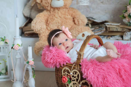 newborn baby girl in pink blanket lying in basket, cute card compositionの写真素材