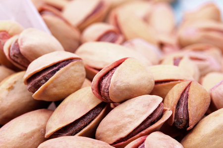 close-up of organic and fresh pistachiosの写真素材